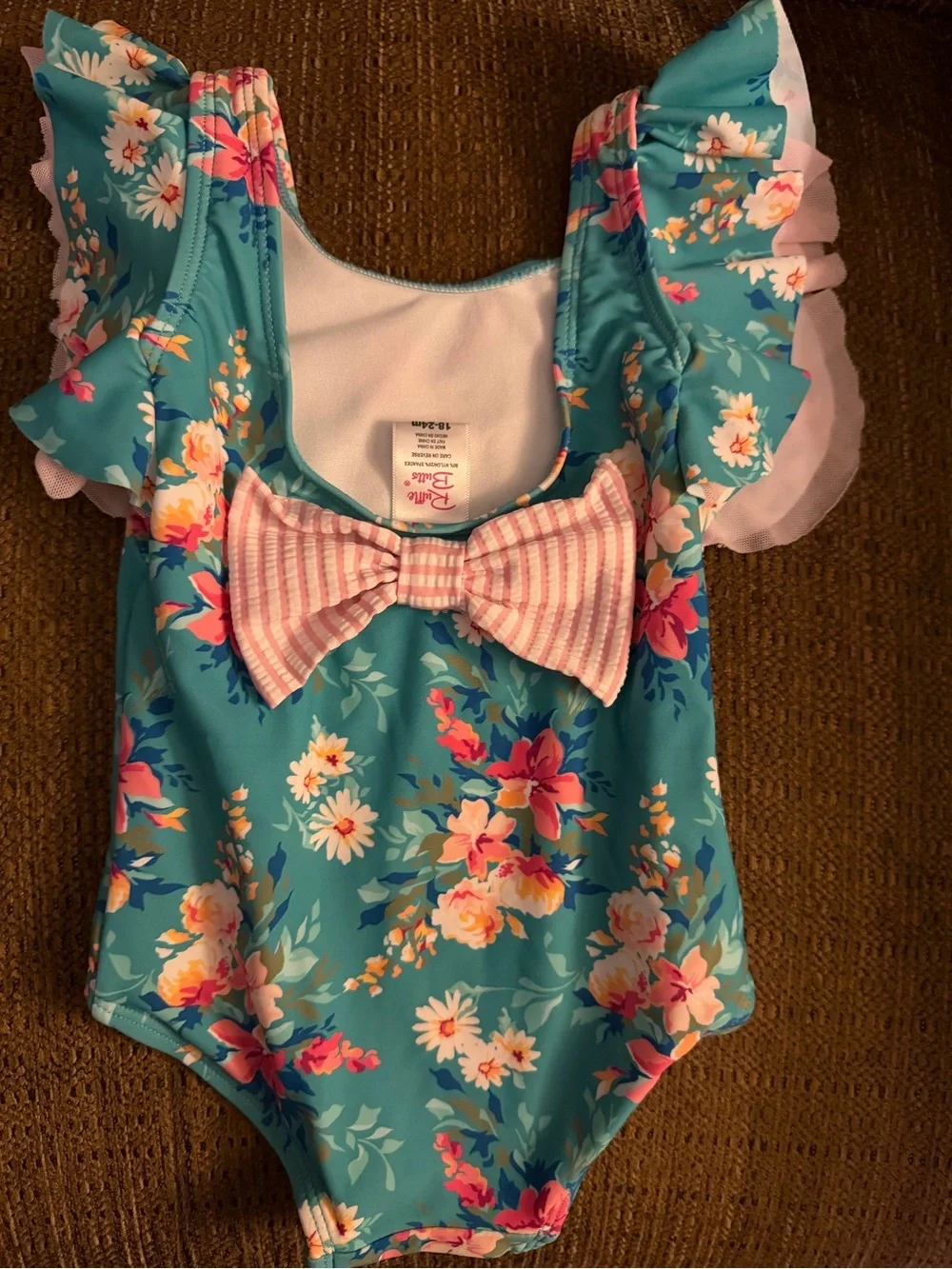 Ruffle Butts Teal Floral Ruffle One-Piece Swimsuit with Pink & Yellow Blooms